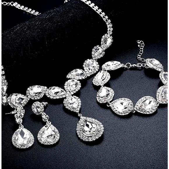 Diamond Crystal Necklace Set CZ Cubic Zircon Rhinestone Necklace Bracelet Earrin - Picture 2 of 7